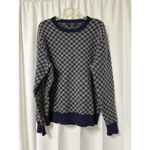 J.Crew Crewneck Sweater Men’s Blue Tan 100% Lambs Wool Check Preppy Large